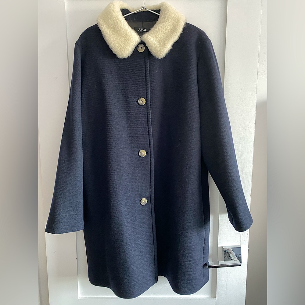 APC Dolly faux fur shearling collar navy button wool coquette prep 60s mod coat